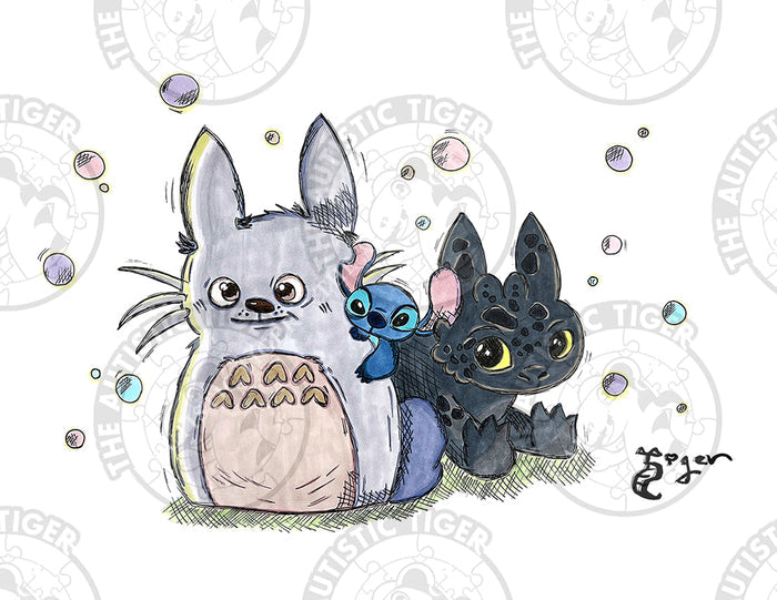 Art Print - A07 Totoro, Toothless and Stitch
