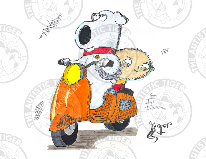 Art Print - C46 Stewie and Brian on a Vespa Color - Family Guy