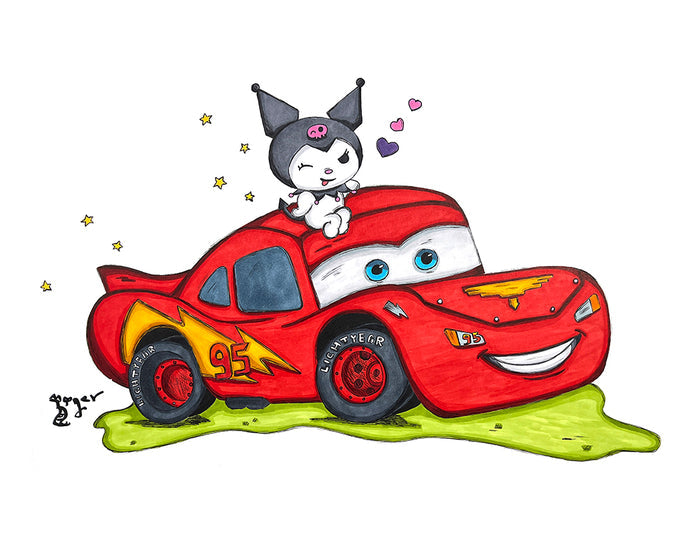 Art Print - D32 Kuromi Riding Lightning McQueen - Cars Hello Kitty