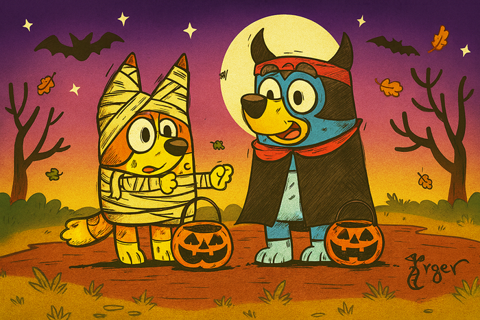 Art Print - H31 Bluey and Bingo Halloween - FULL SCENE