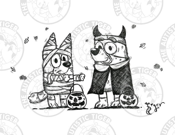 Art Print - P01 Bluey Halloween B/W