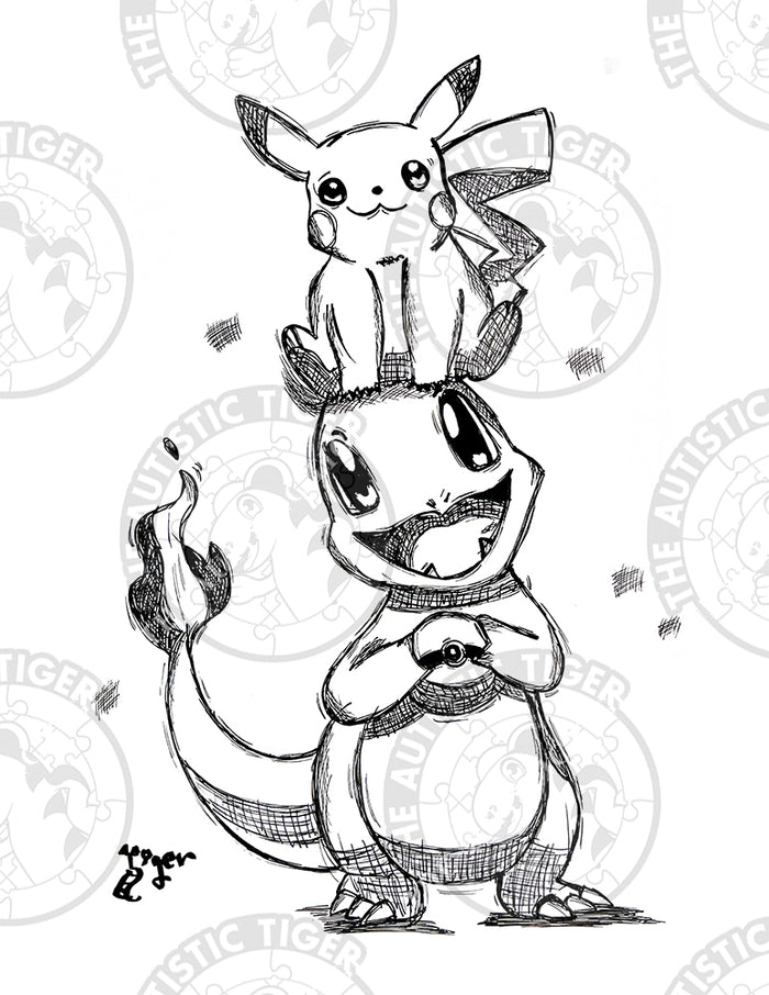 Art Print - P03 Pikachu and Charmander B/W - Pokemon