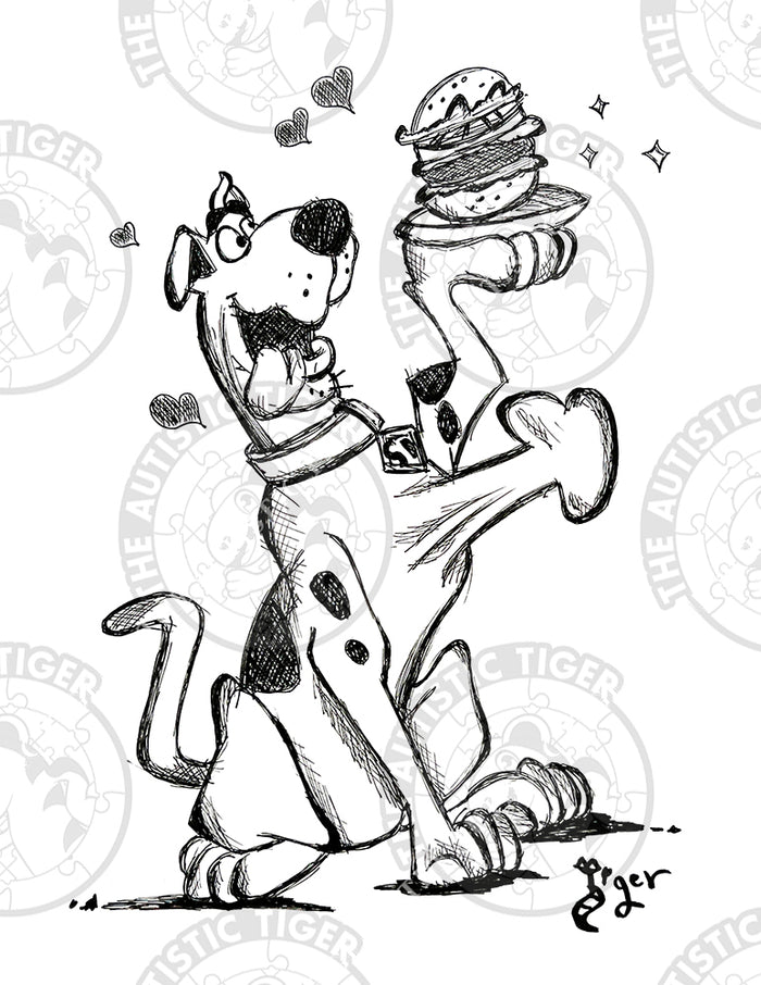 Art Print - P16 Scooby Doo Hamburger Heart B/W