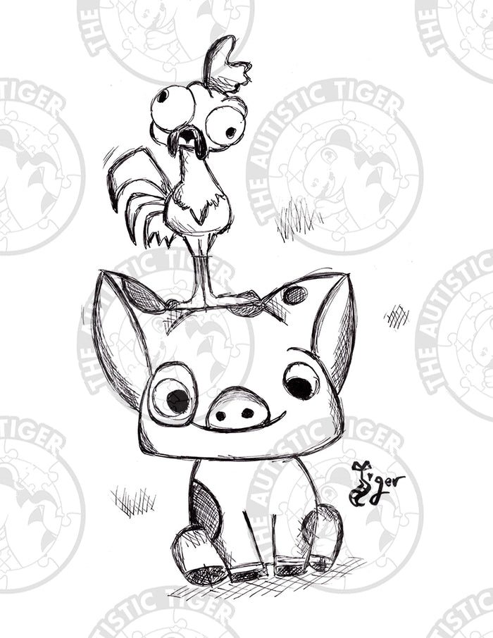 Art Print - P30 HeiHei and Pua B/W - Moana