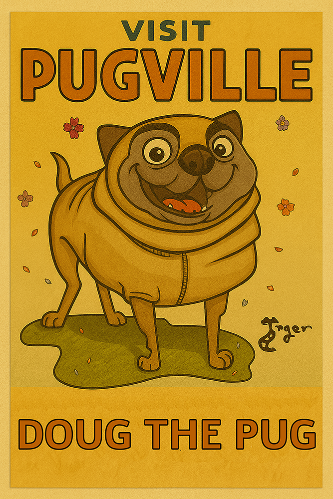 Art Print - PC33 Visit Pugville - Doug the Pug - Postcard