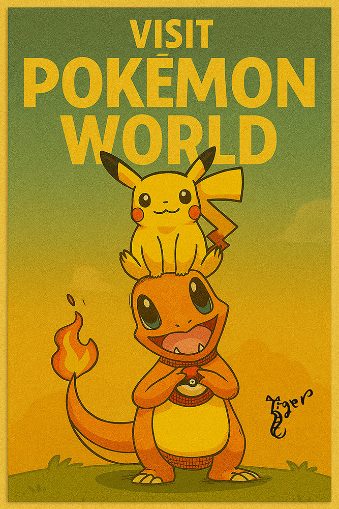Art Print - PC43 Visit Pokemon World - Charmander Pikachu - Postcard