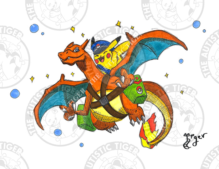 Art Print - PK01 Pikachu Rides Charizard - Pokemon