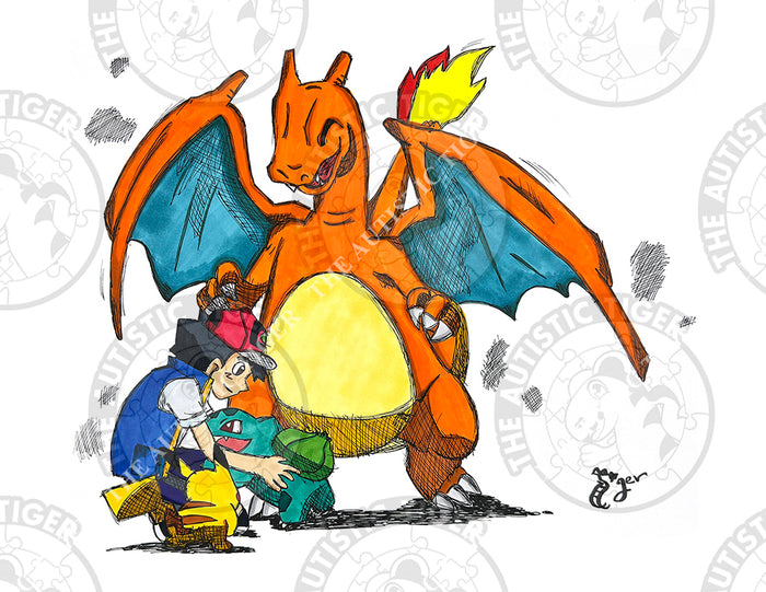 Art Print - PK03 Pikachu, Charizard, Bulbasaur and Ash - Pokemon