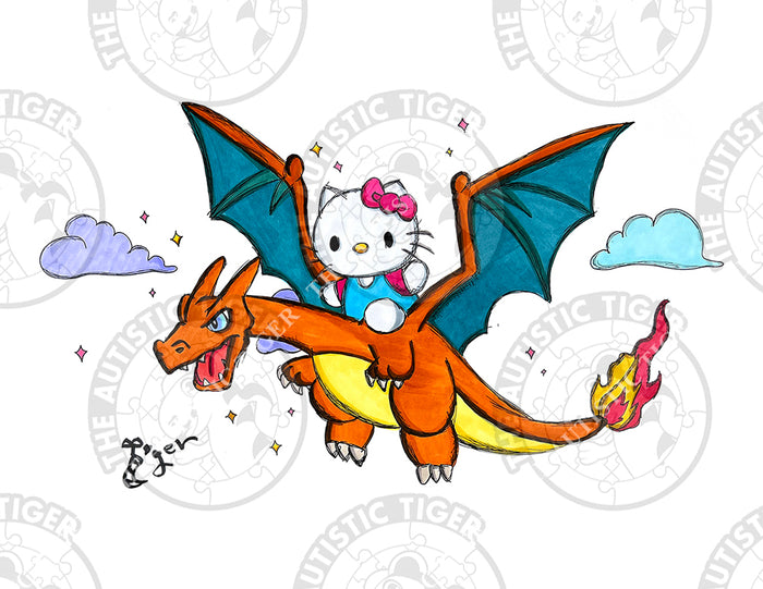 Art Print - PK05 Hello Kitty Rides Charizard - Pokemon