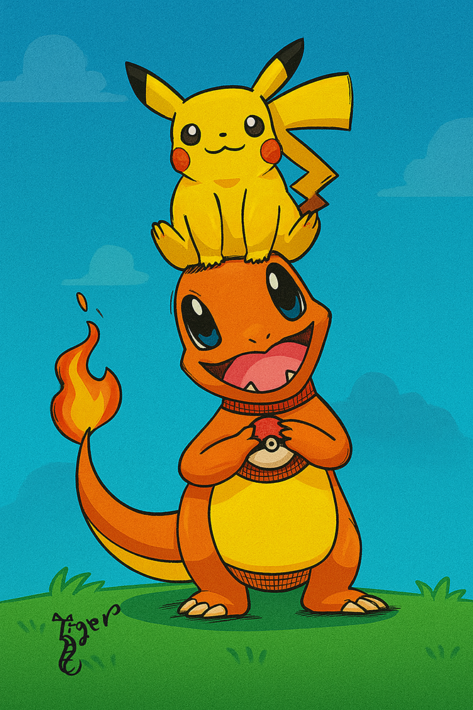 Art Print - PK10 Charmander and Pikachu Color - Pokemon