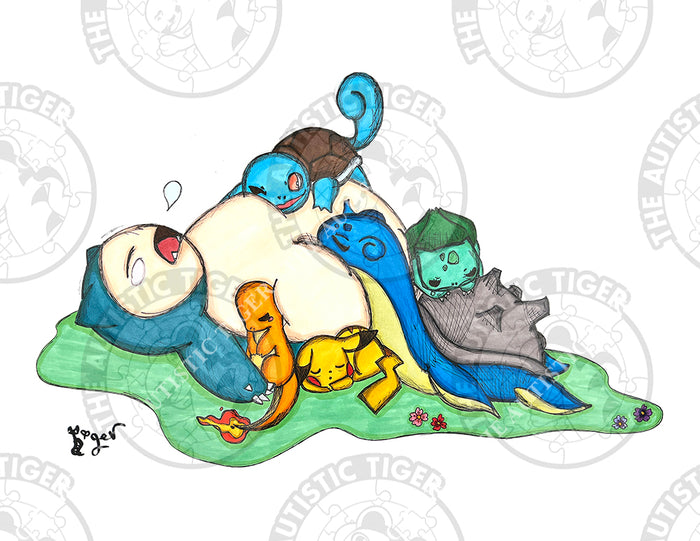 Art Print - PK18 Sleeping Snorlax and Friends - Pokemon