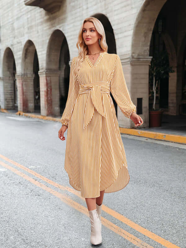 Casual V-neck striped tie waist shirt dress spring and summer apparel