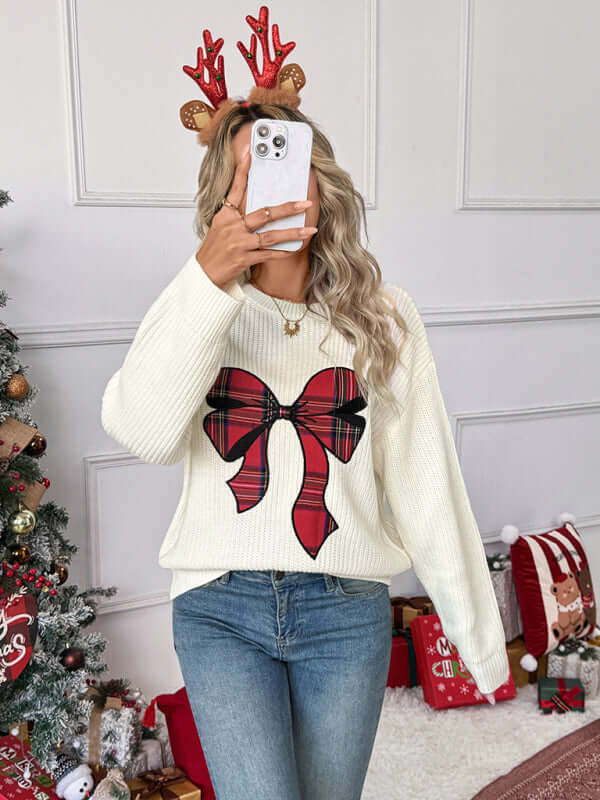 Christmas Bow Check Embroidered Knit Sweater Soft Warm Style front close-up