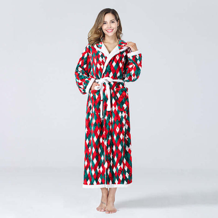 Christmas Fleece Hooded Bathrobe Plush Long Robe cozy indoor homewear