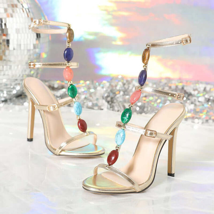 Fashion Colorful Beads Buckle Sandals Summer Stiletto High Heel Shoes Women Party Pumps comfortable interior lining