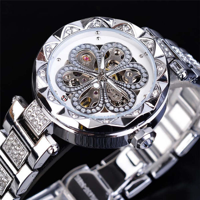 Forsining Mechanical Automatic Ladies Luxury Watch featuring a decorative floral design and sparkling accents.