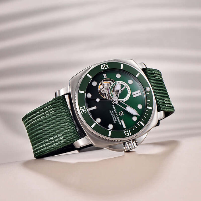 Fully Automatic Mechanical Watch With Luminous Display For Men on a green strap with a stylish dial