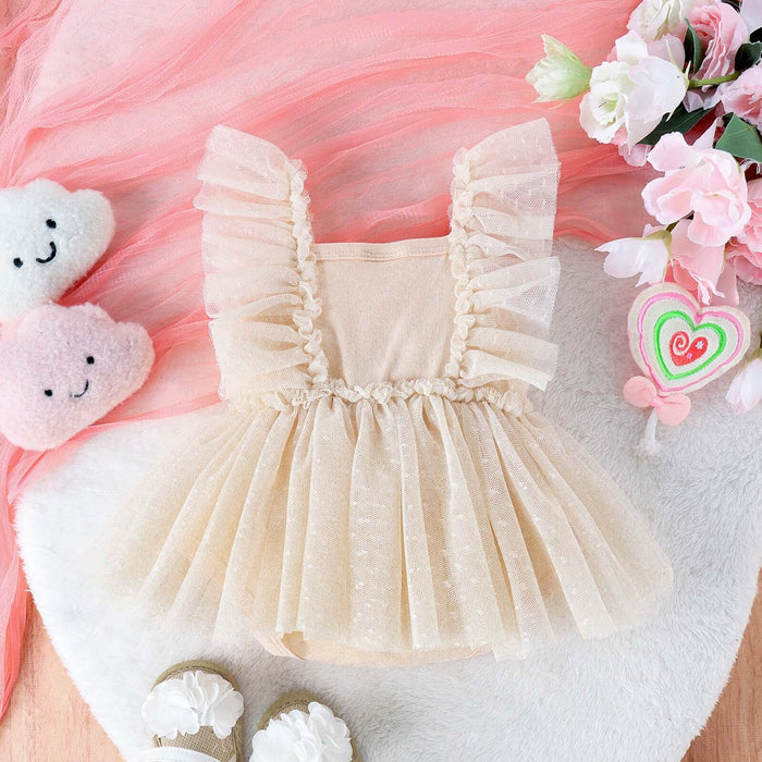 Infant Princess Net Skirt Jumpsuit Summer Dress warm apricot organic cotton baby garment on royal white background