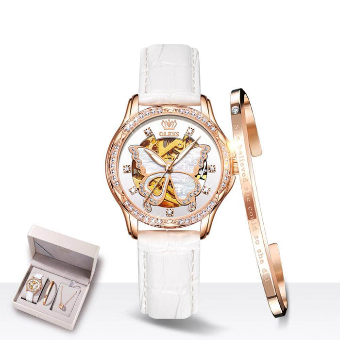Ladies Automatic Mechanical Watch Gift Box Set featuring a butterfly design and elegant accessories in a gift box.