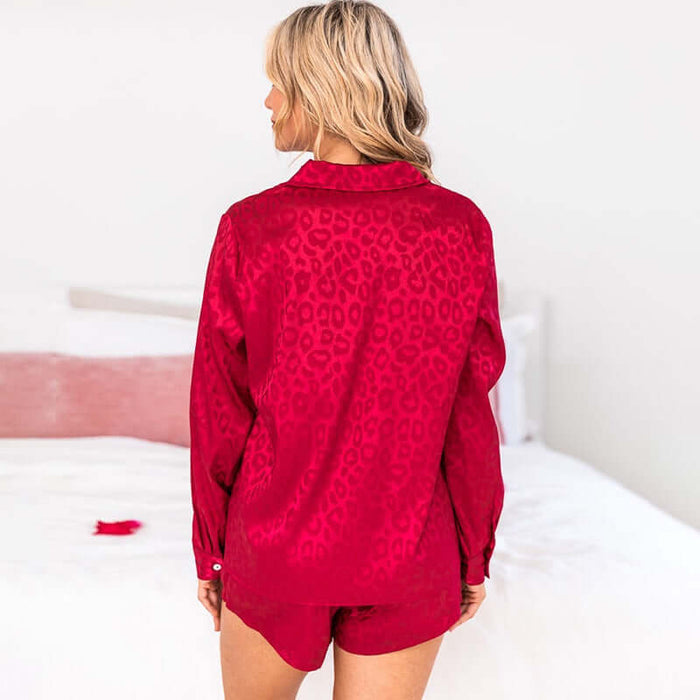 Lapel Long Sleeve Shorts Pajamas For Women Summer Set long sleeve top.