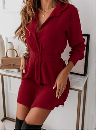 Lapel Long-sleeved Dress With Belt for Women stylish unique design.