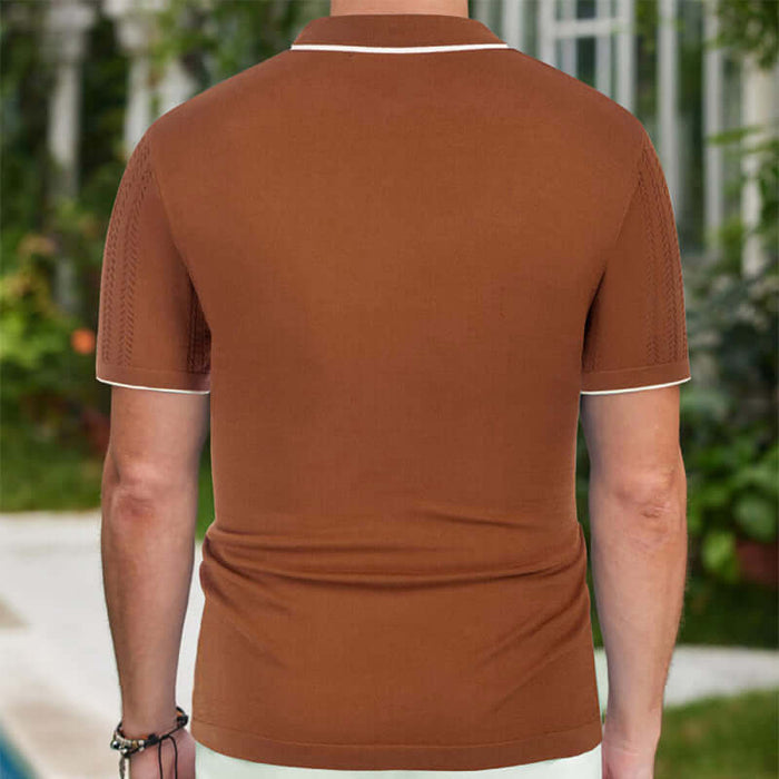 Men Summer Button Lapel Short Sleeve Polo Shirt subtle delicate flocking design finish on the front fabric panel view