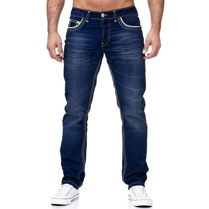 Men's Business Casual Straight Jeans close view of the inner clean stitched border lines that minimize skin friction