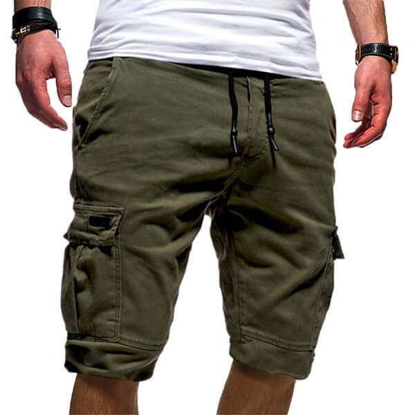 Men's Casual Tactical Cargo Shorts in olive green with multiple pockets and adjustable drawstring waistband.