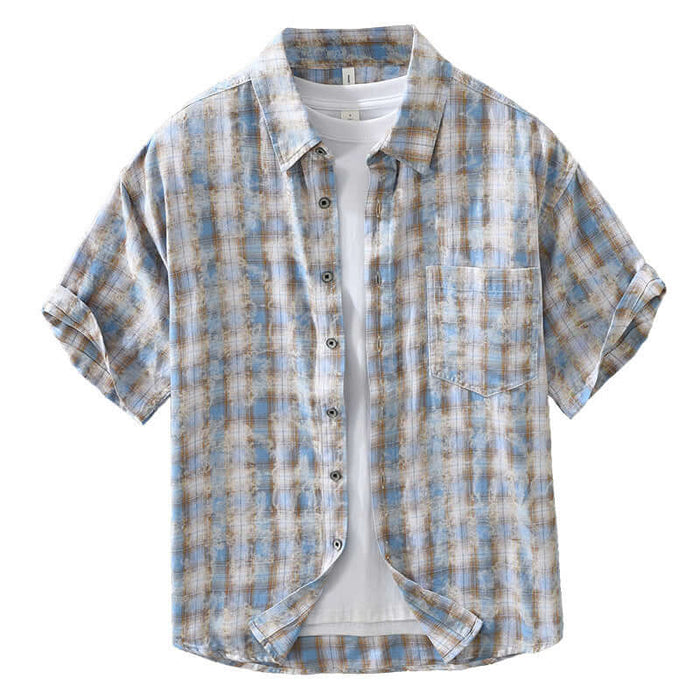 Mens Fashionable Plaid Short Sleeve Shirt in light blue and beige cotton fabric, featuring a button-down design and pocket.