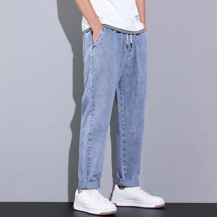 Men's Summer Loose Wide Leg Drawstring Jeans solid color plain design optimized for everyday leisure sports look