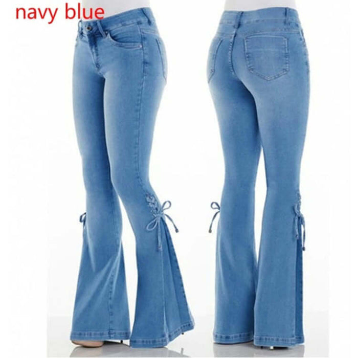 Mid Waisted Stretch Denim Flare Jeans in navy blue showing front and back views with stylish flare and tie details.