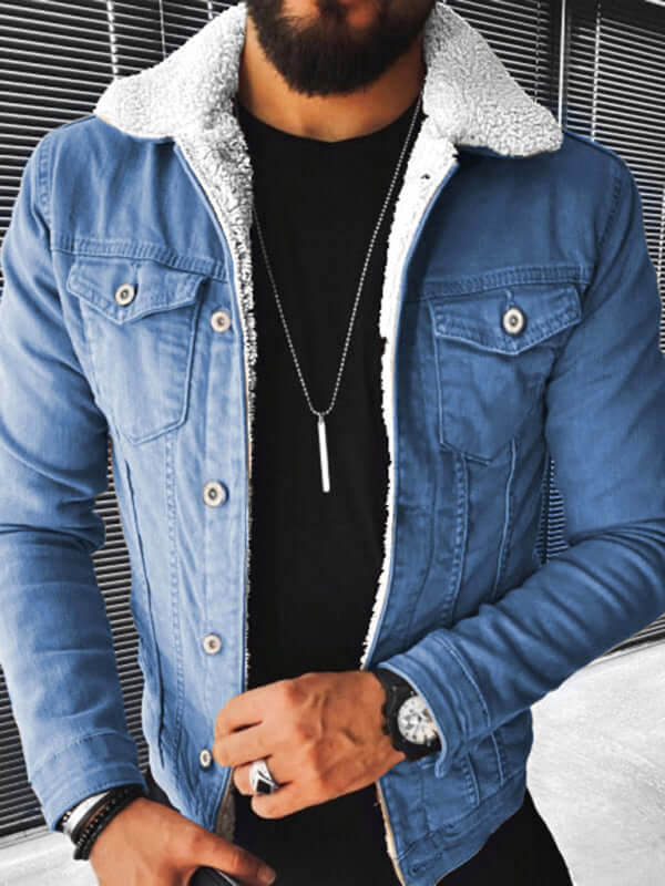 Plush Thickened Denim Mens Jacket Warm Padded Casual Style+ plush lining