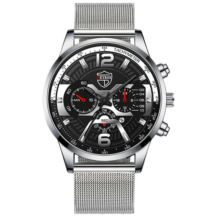 Premium Steel Calendar Quartz Watch for Men top angle studio lighting