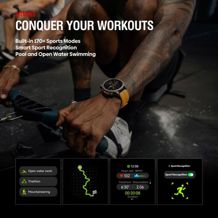 Rugged Outdoor GPS Smart Watch 1.43 inch Screen showcasing smart sport recognition and workout modes.