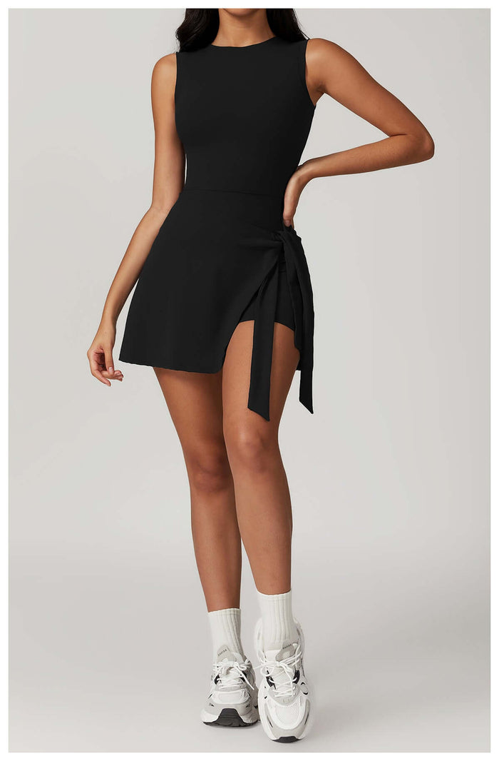 Sleeveless Sports Romper Yoga Jumpsuits, black romper with a side tie, elegant and sporty outfit for yoga and casual wear.
