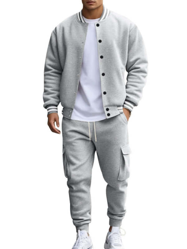stand collar loose sports fleece suit set with warm jacket pockets