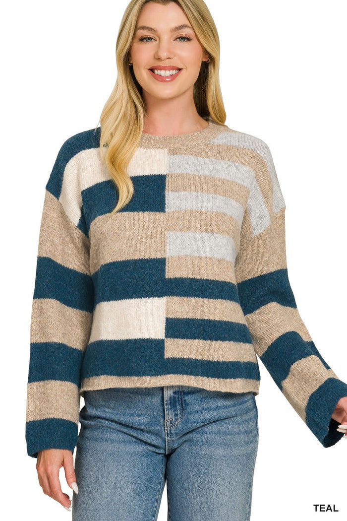 Teal Color Block Sweater Short Sleeve Top Zenana- Tilden Co.