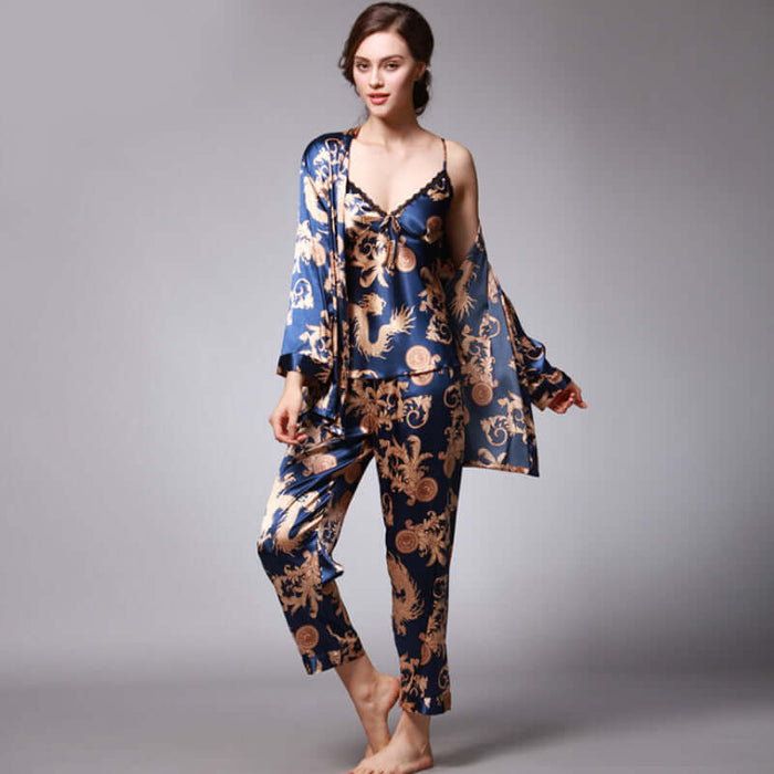 Three-piece silk pajamas for women V-neck Set camel home service.