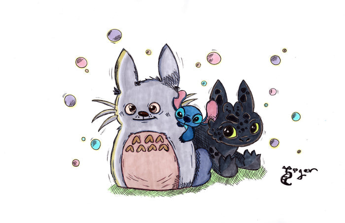 Totoro, Stitch and Toothless 11x17 Character Drawing