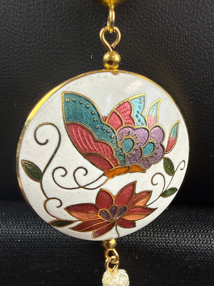 VTG Cloisonne Butterfly & flower Pendant Necklace