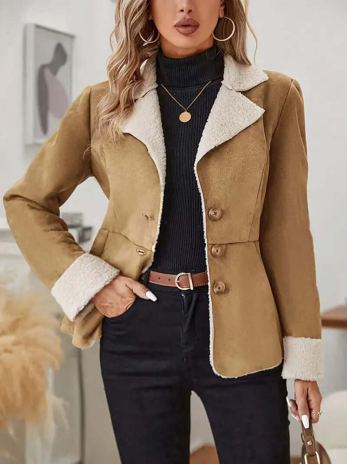 Warm Fur Integrated Lapel Pocket Jacket for Women khaki winter top.