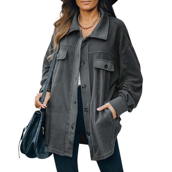 Warm Polar Fleece Lapel Cardigan Jacket for Women in dark gray, styled with a handbag and accessories.