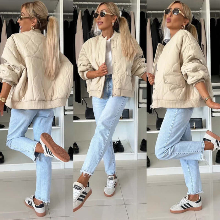 Winter Stitched Chic Fashion Casual Solid Buckle Coat styled with light jeans and sneakers.