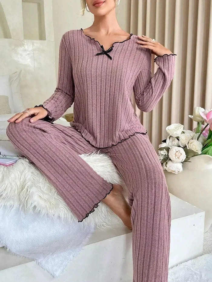 Women Ribbed Pajama Set Autumn Winter 2 Piece relaxed fit style