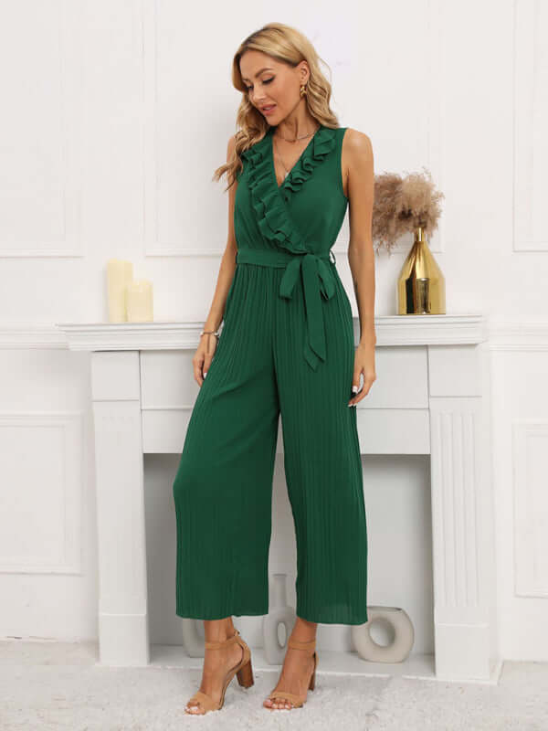 Women Sleeveless V Neck Ruffle Lace Pleated Jumpsuit spring and summer apparel