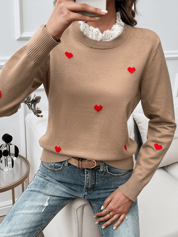 Women’s Casual Embroidered Heart Long Sleeve Knitted Sweater on model sitting