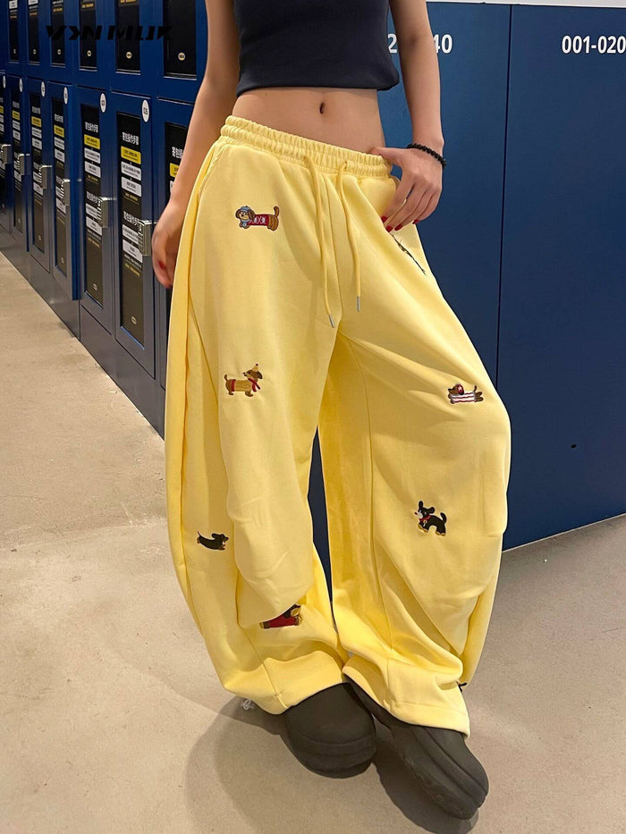 Womens Embroidered Slacks Loose Slimming Wide Leg Pants urban style.