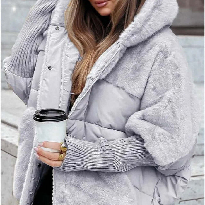 Womens Loose Cotton Coat Faux Fur Patchwork Winter Jacket worn by a woman holding a coffee cup in a casual setting.