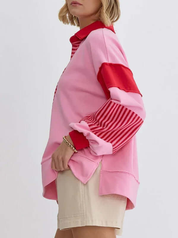 Women's Oversized Striped Polo Neck Sweatshirt Pullover autumn outfit