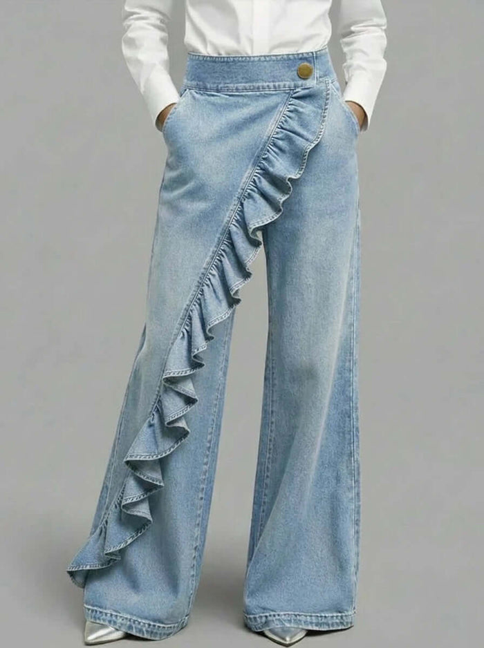 Womens Retro Irregular High-Waist A-Line Denim Trousers elegant commuter style.